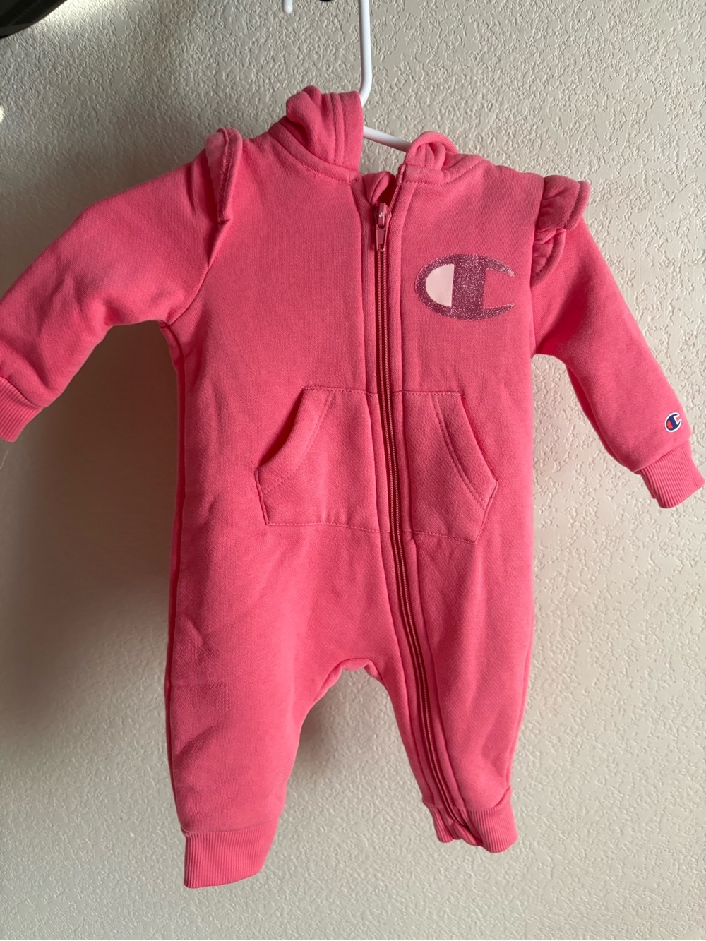 Champion Coral Pink Hooded Baby One-Piece Zipper Romper